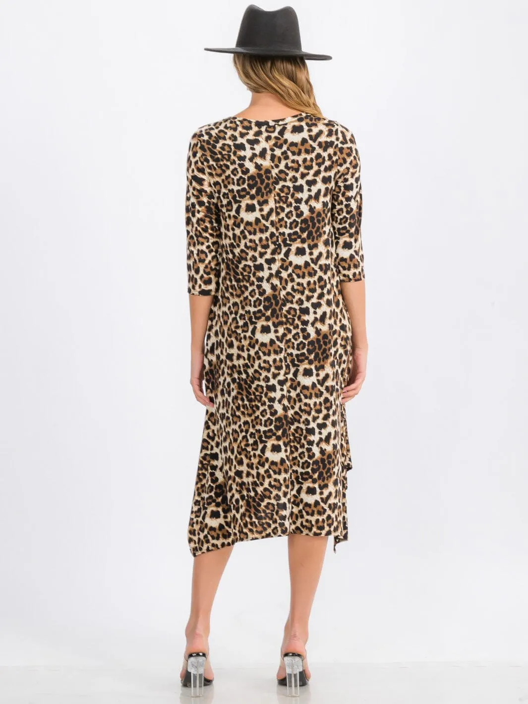 WOMEN'S 3/4 SLEEVE TUNIC FRONT POCKETS LEOPARD PRINT MIDI DRESS