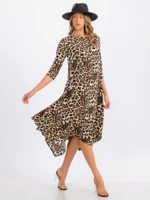 WOMEN'S 3/4 SLEEVE TUNIC FRONT POCKETS LEOPARD PRINT MIDI DRESS