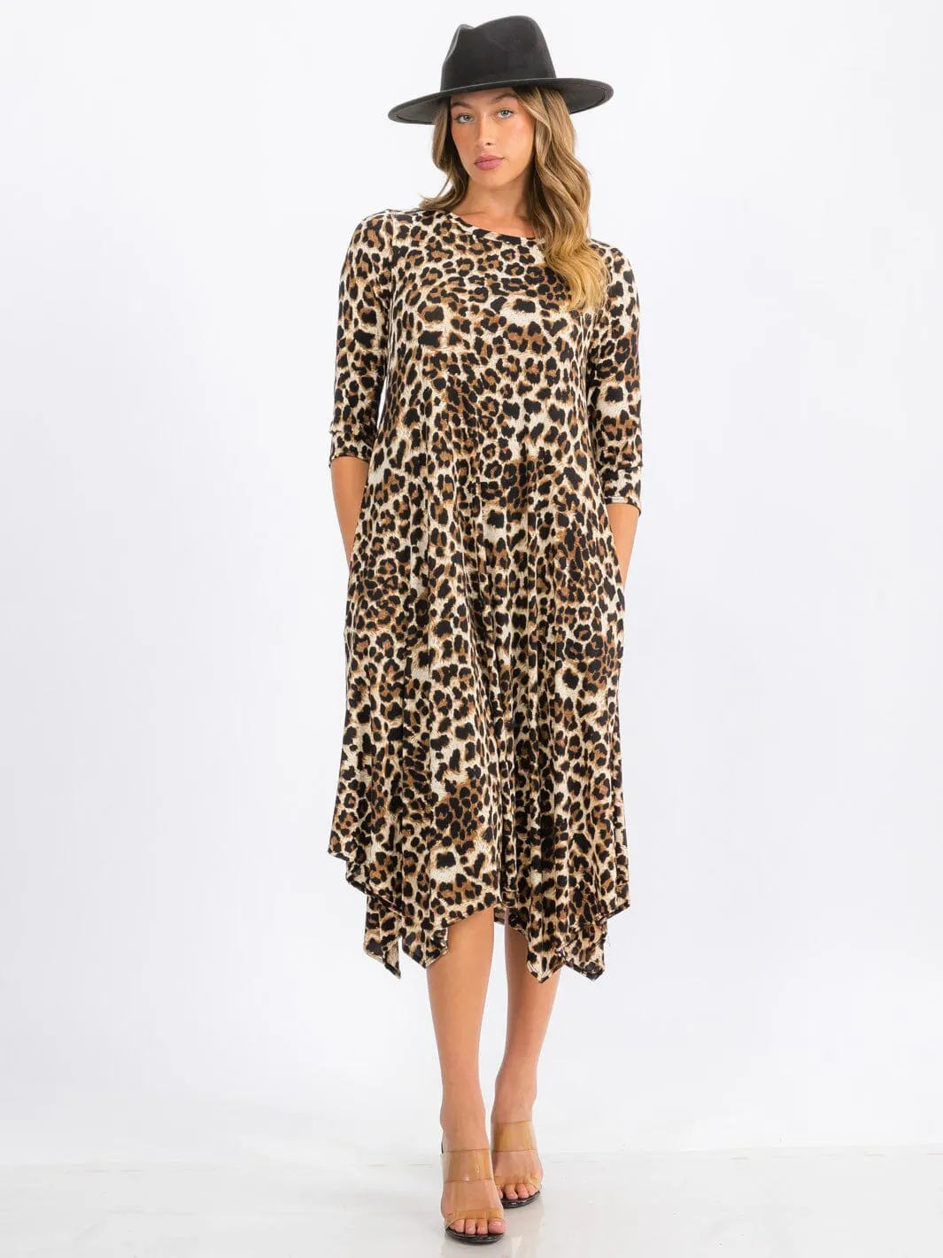 WOMEN'S 3/4 SLEEVE TUNIC FRONT POCKETS LEOPARD PRINT MIDI DRESS