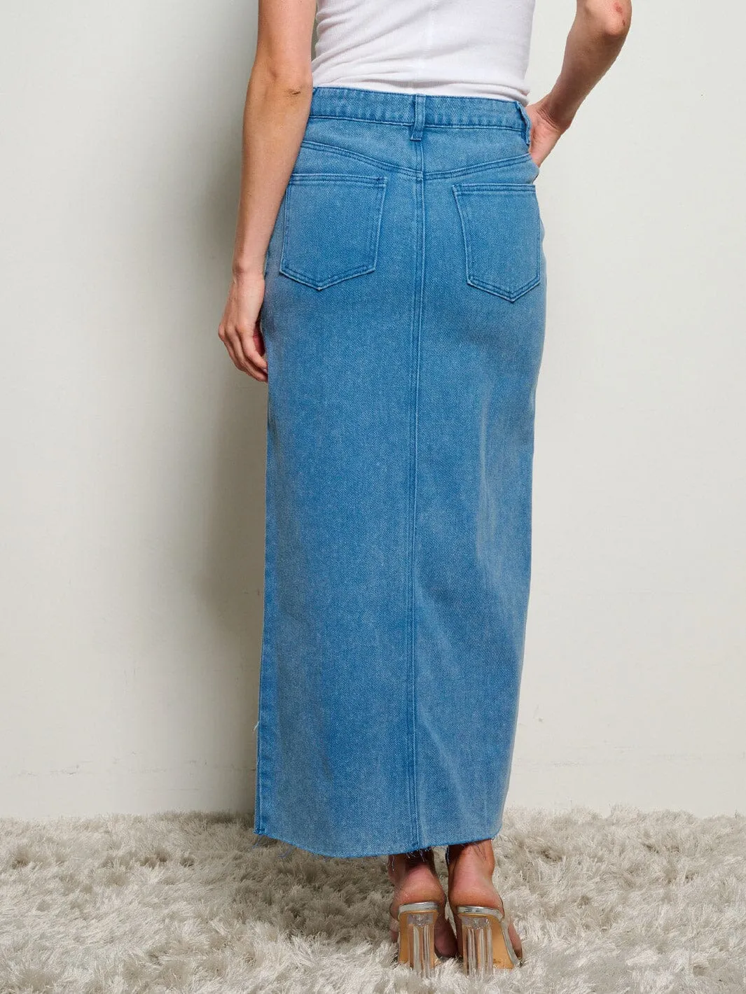 WOMEN'S ASYMETRICAL BUTTON CLOSURE POCKETS FRONT SLIT MAXI PENCIL SKIRT
