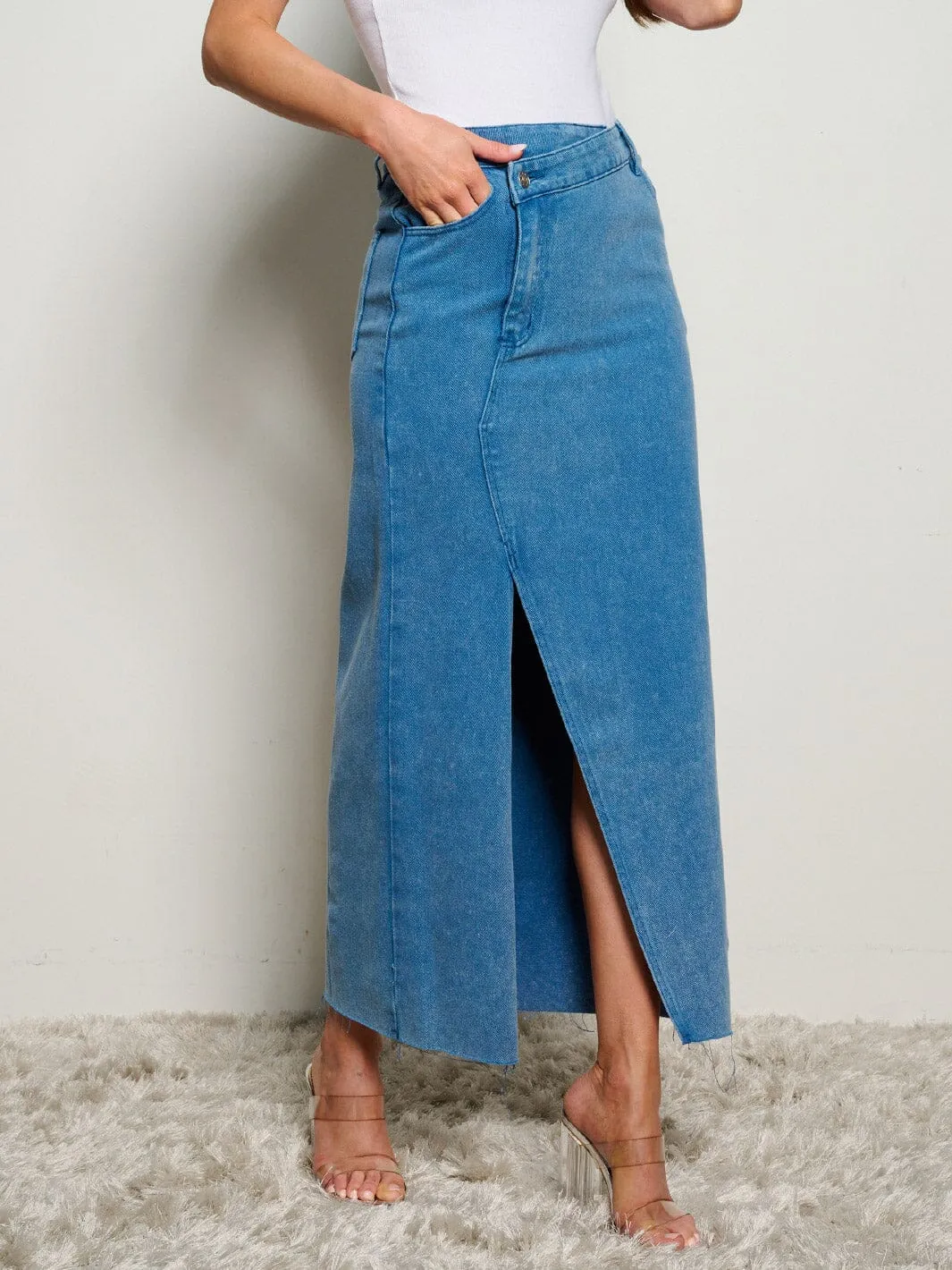 WOMEN'S ASYMETRICAL BUTTON CLOSURE POCKETS FRONT SLIT MAXI PENCIL SKIRT
