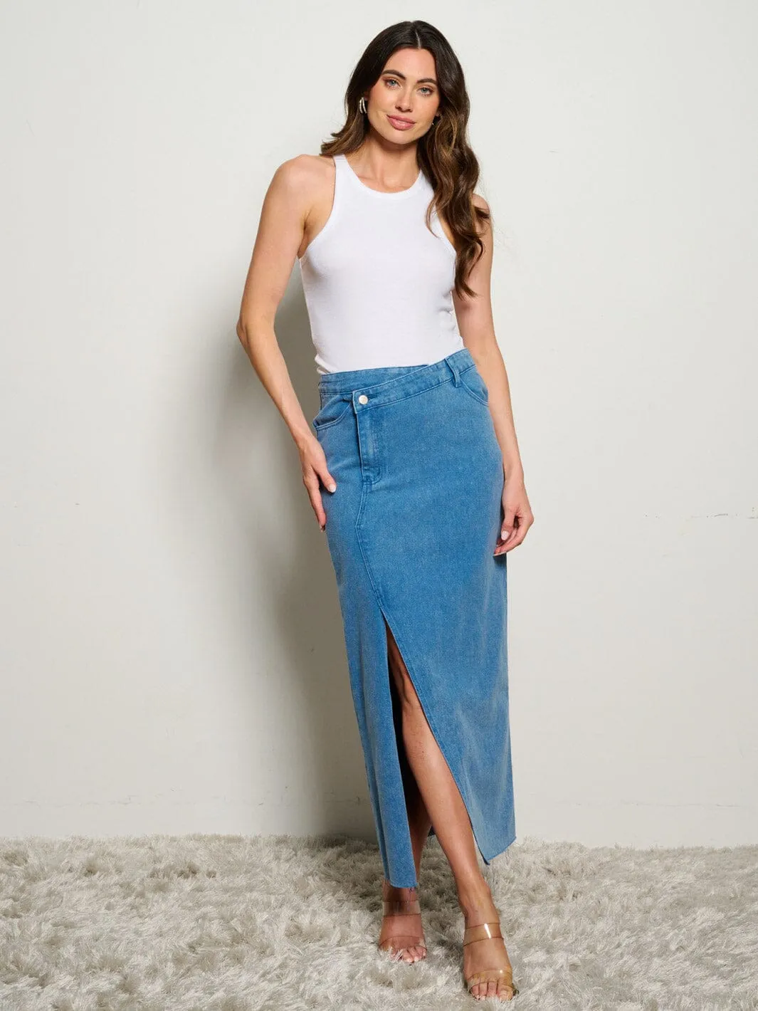 WOMEN'S ASYMETRICAL BUTTON CLOSURE POCKETS FRONT SLIT MAXI PENCIL SKIRT