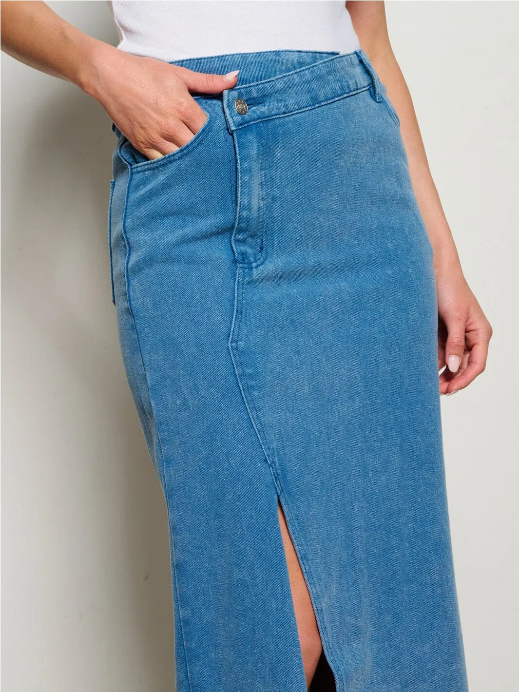 WOMEN'S ASYMETRICAL BUTTON CLOSURE POCKETS FRONT SLIT MAXI PENCIL SKIRT