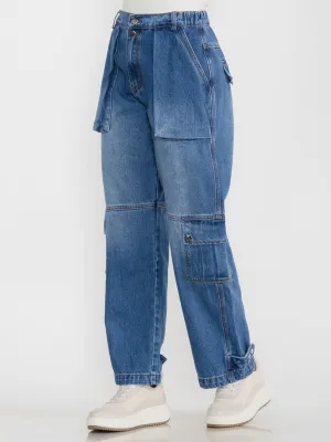 WOMEN'S BUTTON CLOSURE CARGO POCKETS WASHED DENIM PANTS