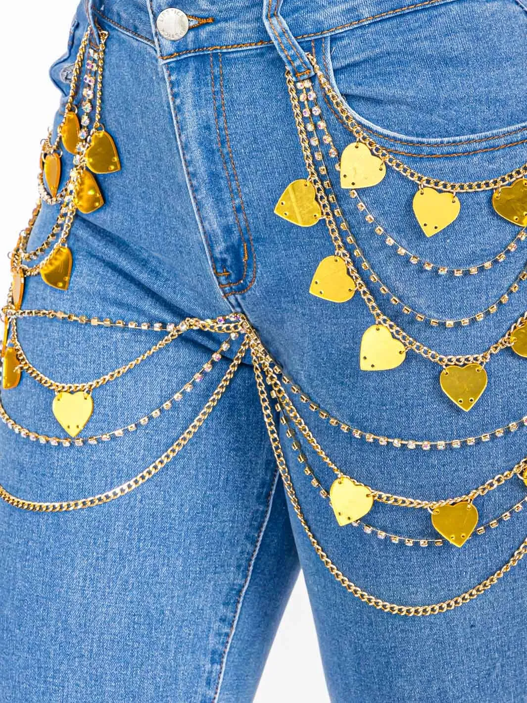 WOMEN'S BUTTON CLOSURE POCKETS CHAIN HEARTS STRETCH DENIM SKINNY JEANS