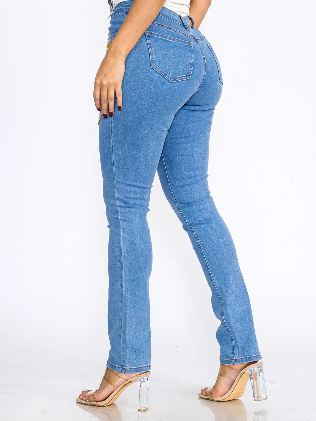 WOMEN'S BUTTON CLOSURE POCKETS CHAIN HEARTS STRETCH DENIM SKINNY JEANS