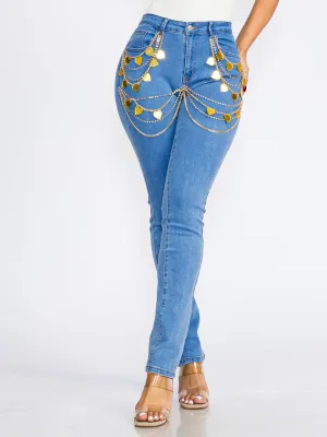 WOMEN'S BUTTON CLOSURE POCKETS CHAIN HEARTS STRETCH DENIM SKINNY JEANS