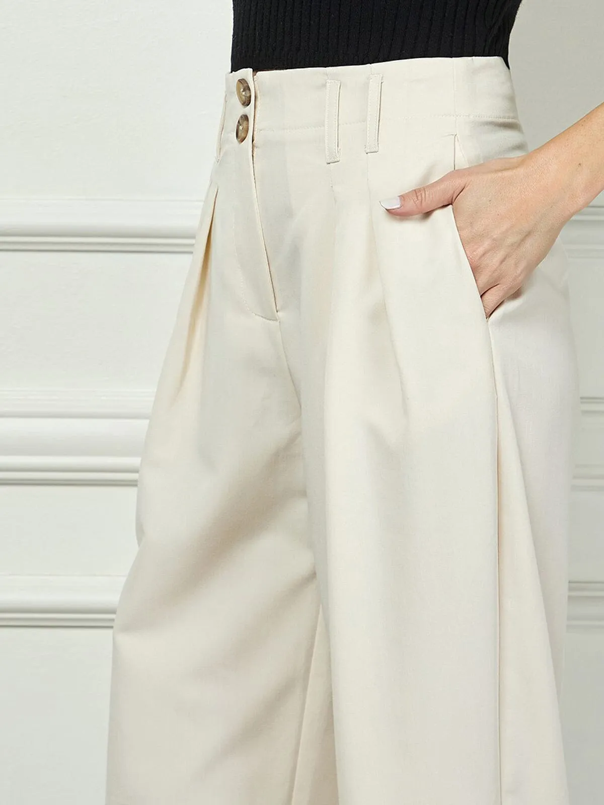 WOMEN'S BUTTON CLOSURE POCKETS PLEATED PANTS