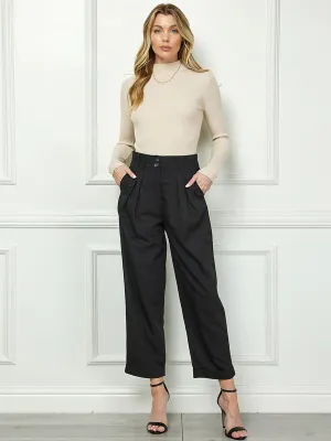 WOMEN'S BUTTON CLOSURE POCKETS PLEATED PANTS