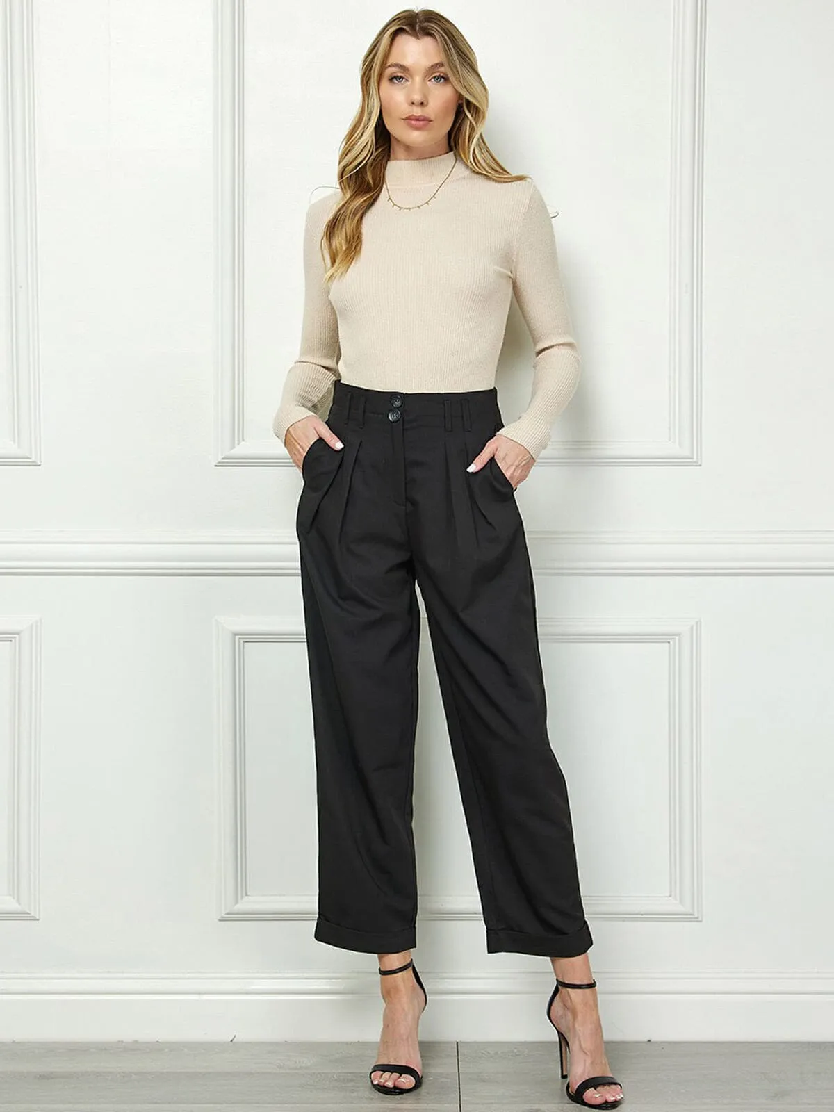 WOMEN'S BUTTON CLOSURE POCKETS PLEATED PANTS