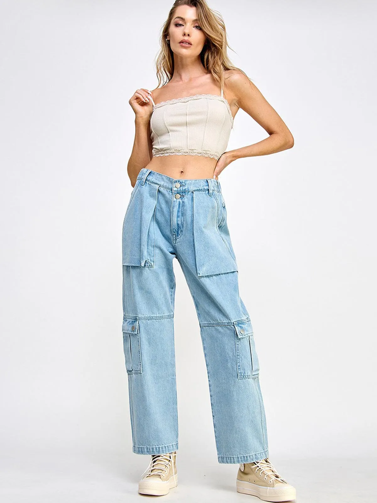 WOMEN'S BUTTON CLOSURE POCKETS WIDE LEG DENIM PANTS