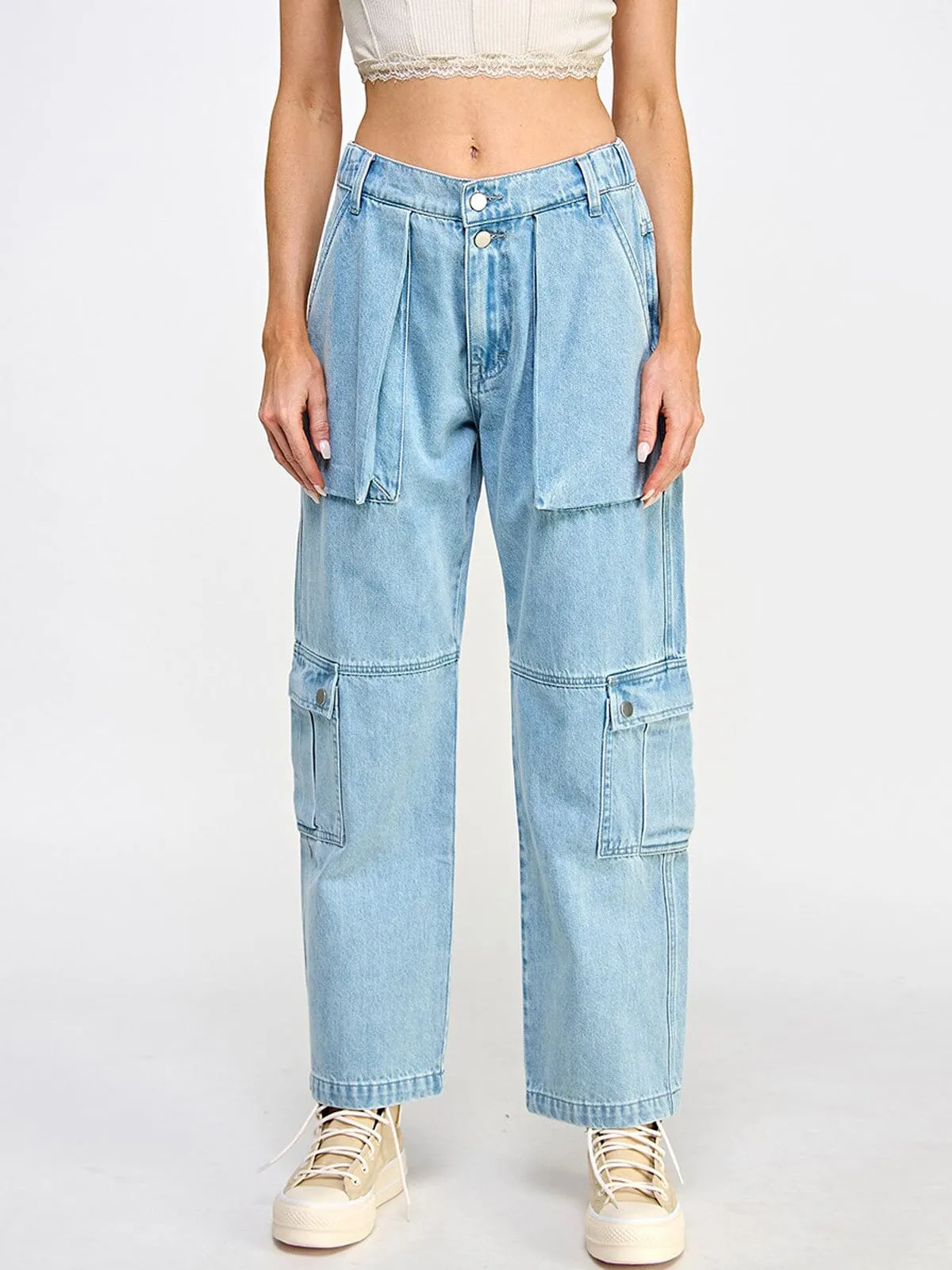 WOMEN'S BUTTON CLOSURE POCKETS WIDE LEG DENIM PANTS