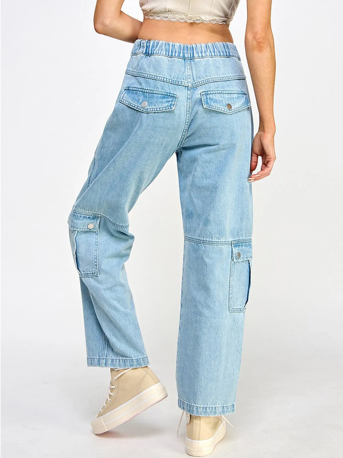 WOMEN'S BUTTON CLOSURE POCKETS WIDE LEG DENIM PANTS
