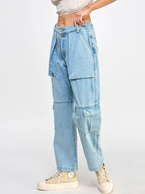 WOMEN'S BUTTON CLOSURE POCKETS WIDE LEG DENIM PANTS