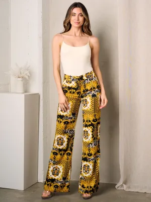WOMEN'S BUTTON CLOSURE POCKETS WIDE LEG MULTI PRINT PANTS