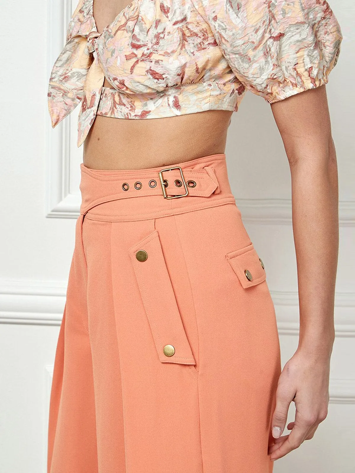 WOMEN'S BUTTON CLOSURE POCKETS WIDE LEG PANTS