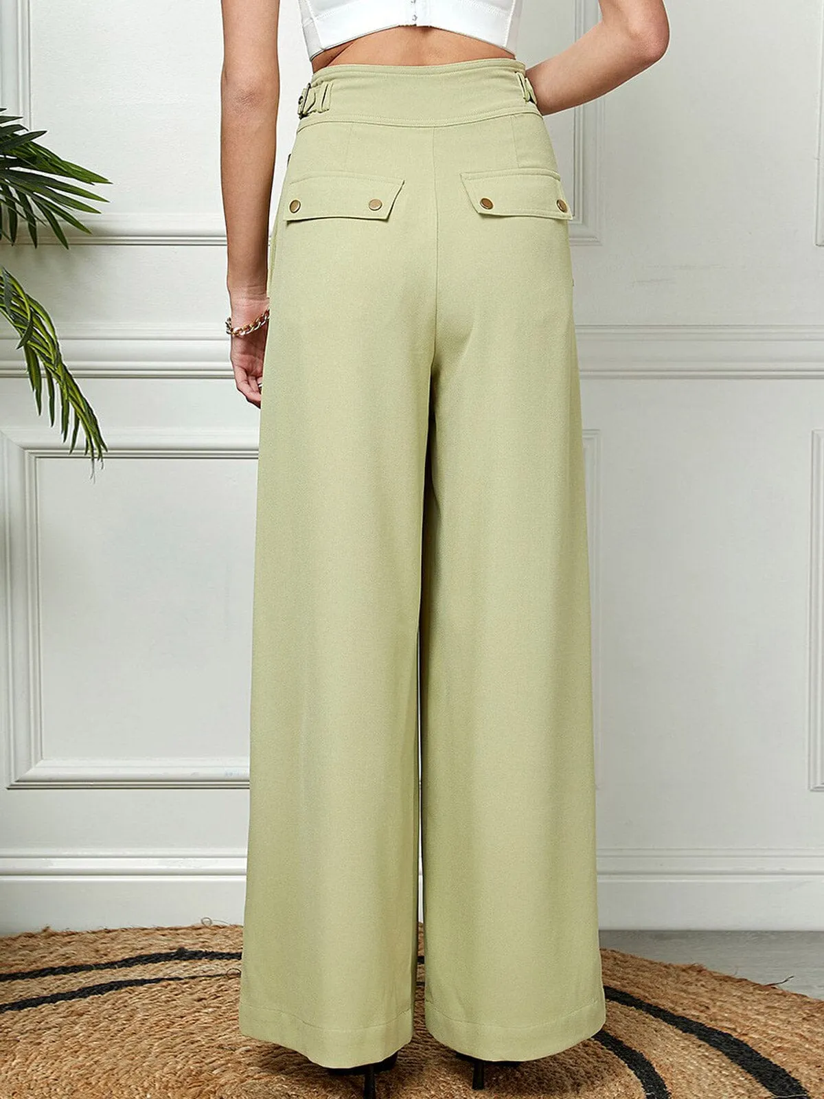 WOMEN'S BUTTON CLOSURE POCKETS WIDE LEG PANTS