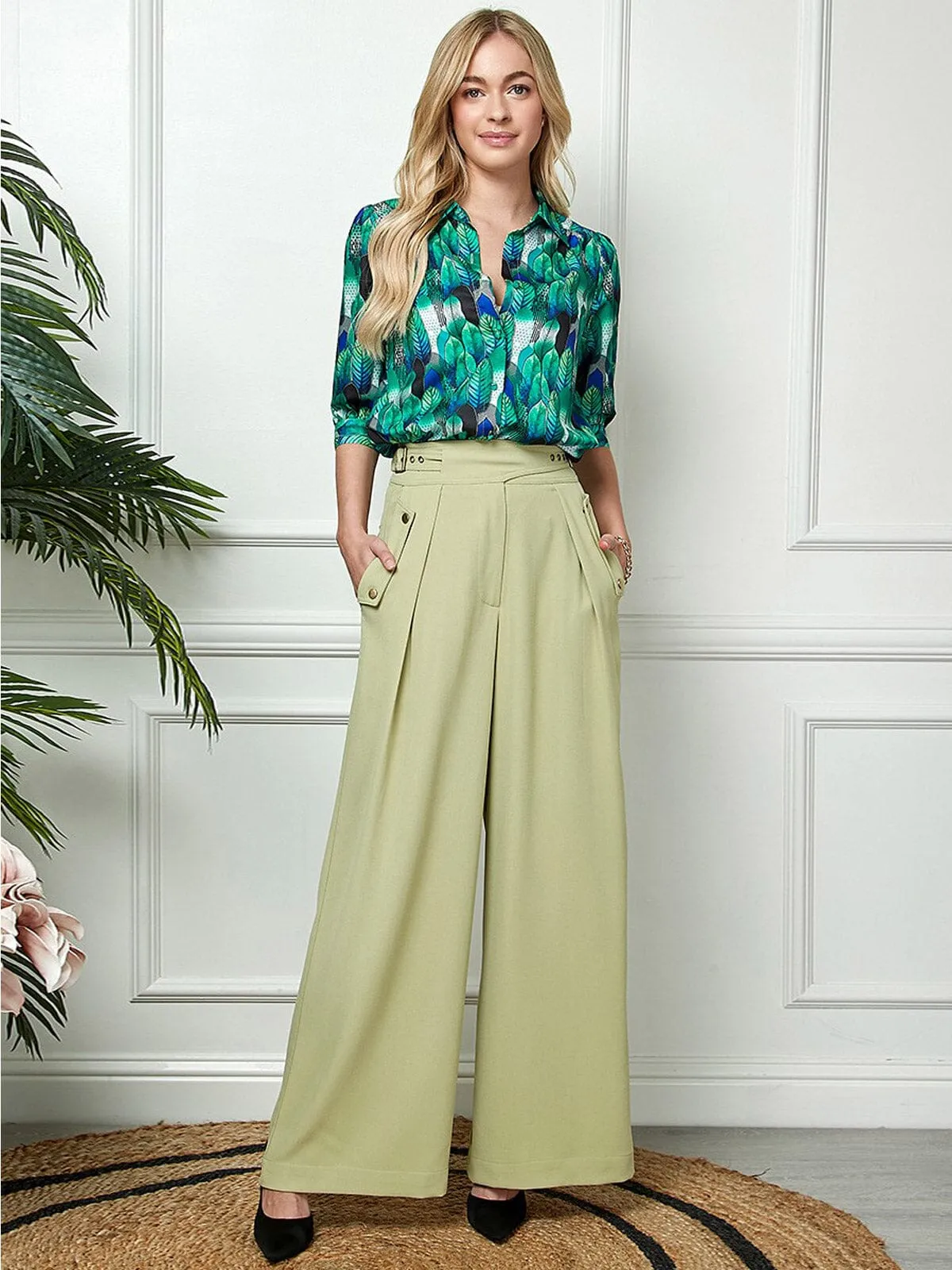 WOMEN'S BUTTON CLOSURE POCKETS WIDE LEG PANTS