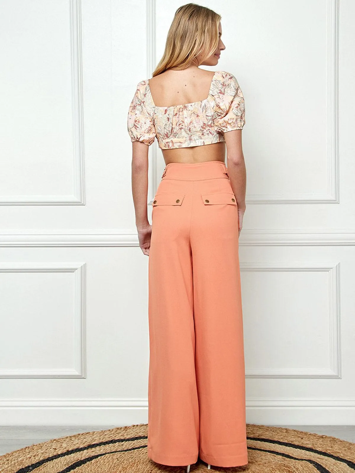 WOMEN'S BUTTON CLOSURE POCKETS WIDE LEG PANTS