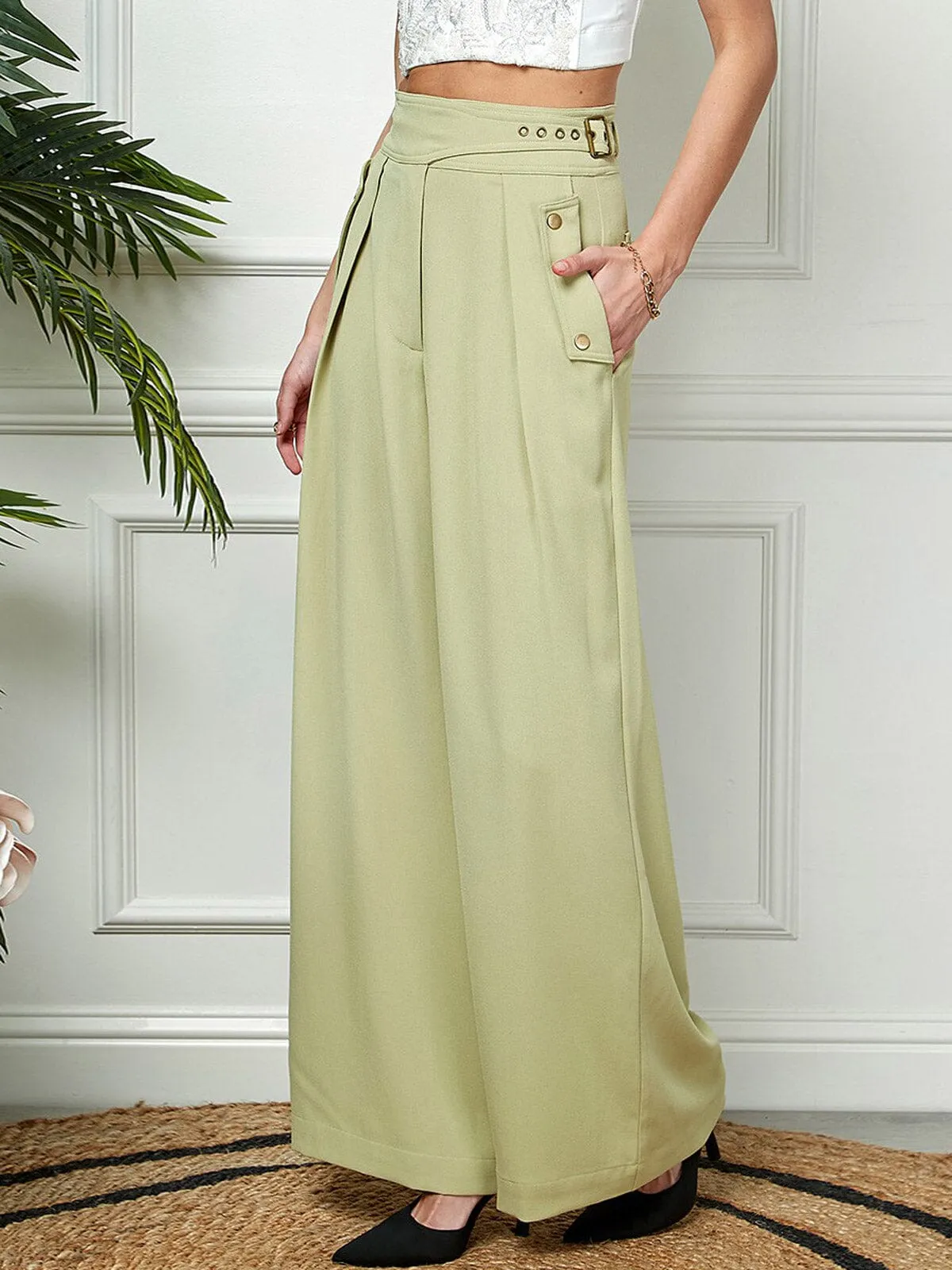 WOMEN'S BUTTON CLOSURE POCKETS WIDE LEG PANTS