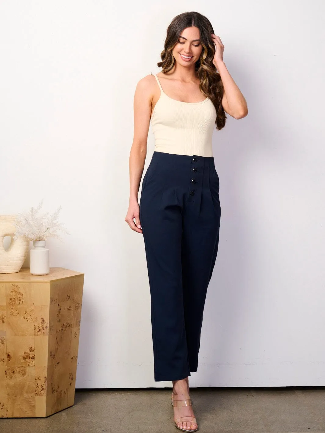 WOMEN'S BUTTON UP FRONT POCKETS WIDE LEG PANTS