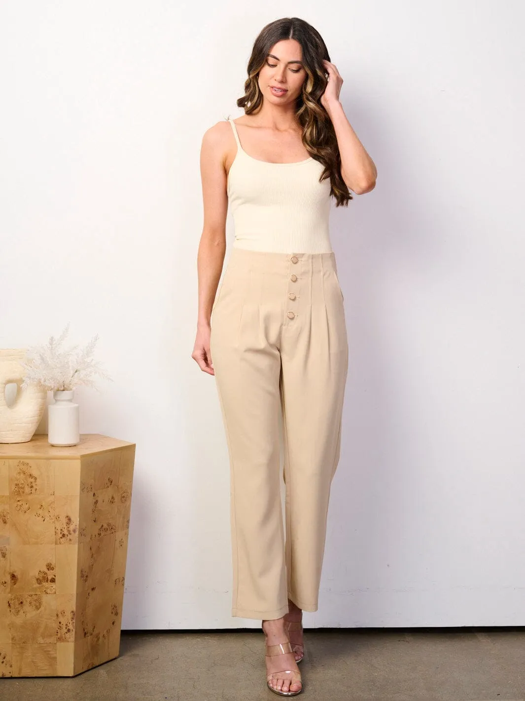WOMEN'S BUTTON UP FRONT POCKETS WIDE LEG PANTS