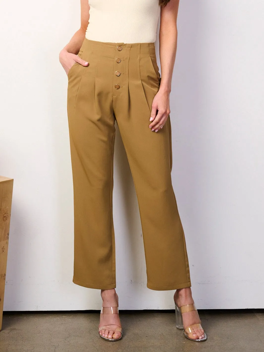 WOMEN'S BUTTON UP FRONT POCKETS WIDE LEG PANTS