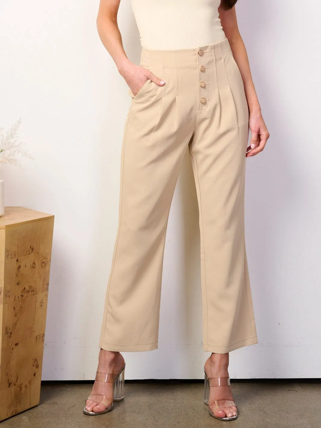 WOMEN'S BUTTON UP FRONT POCKETS WIDE LEG PANTS