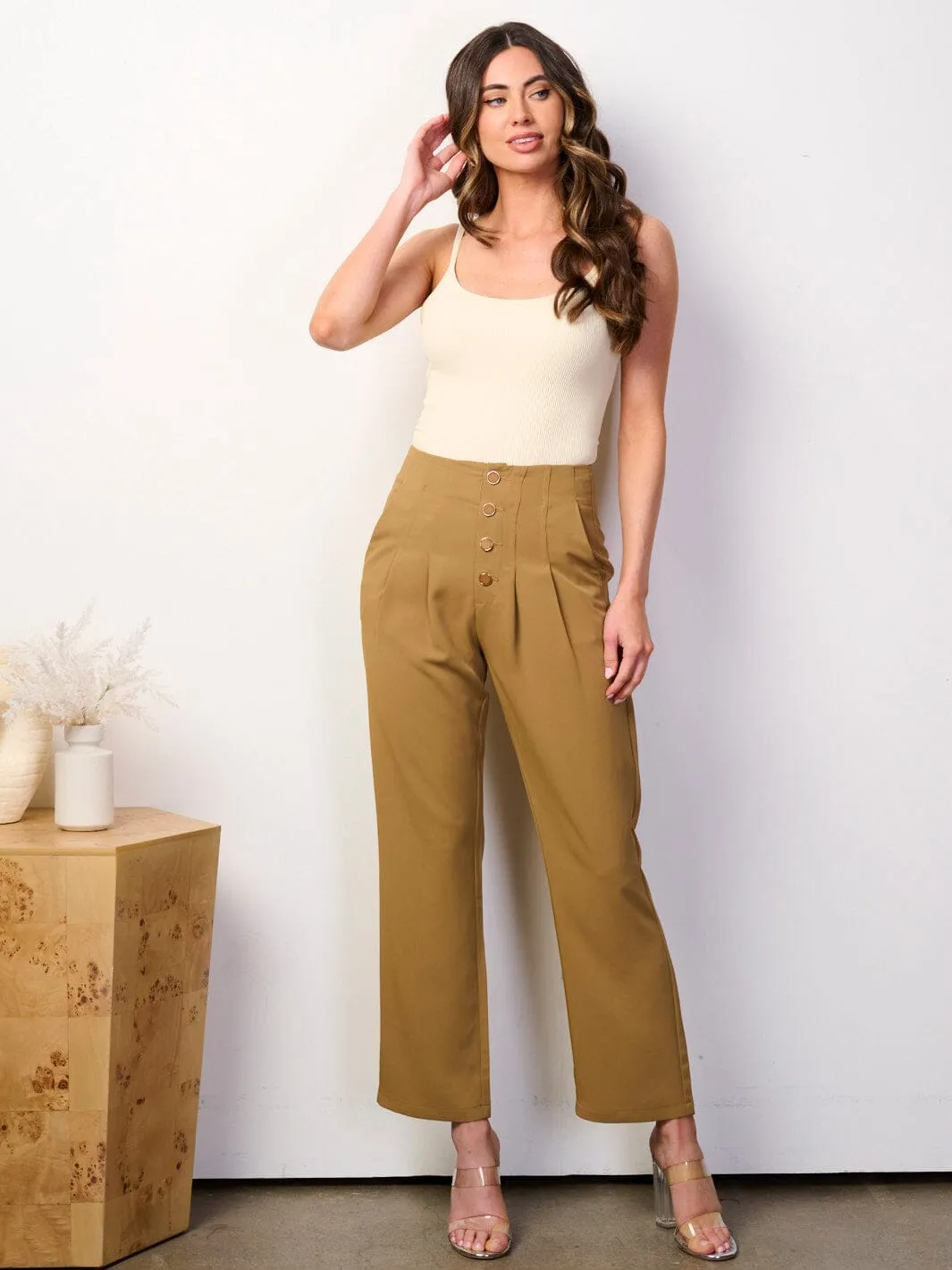 WOMEN'S BUTTON UP FRONT POCKETS WIDE LEG PANTS