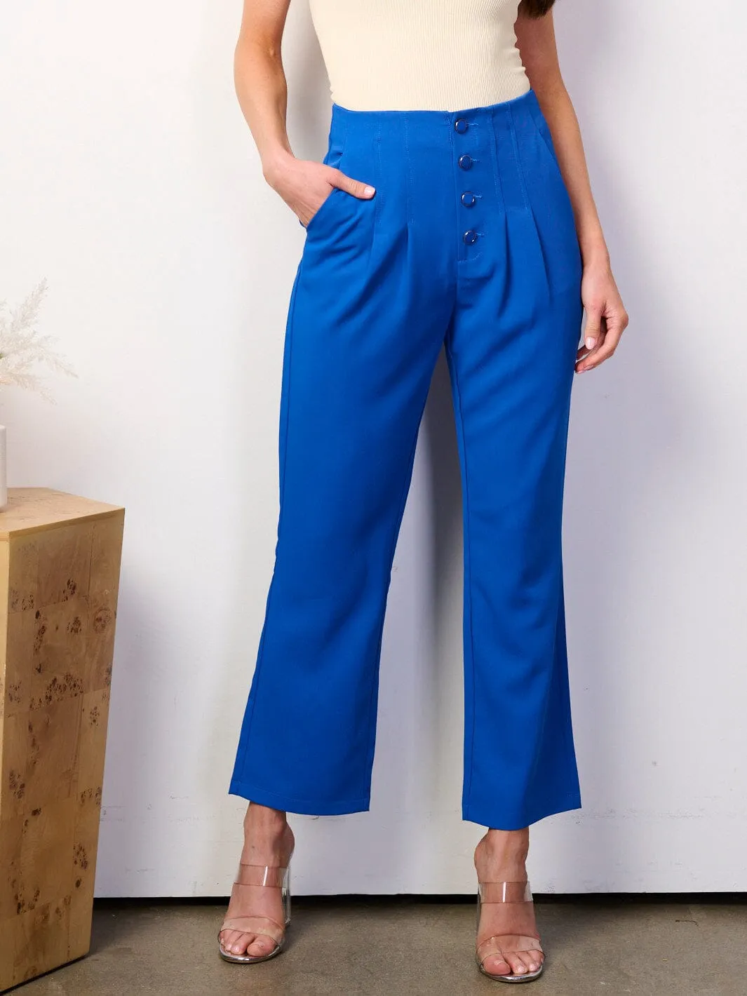 WOMEN'S BUTTON UP FRONT POCKETS WIDE LEG PANTS