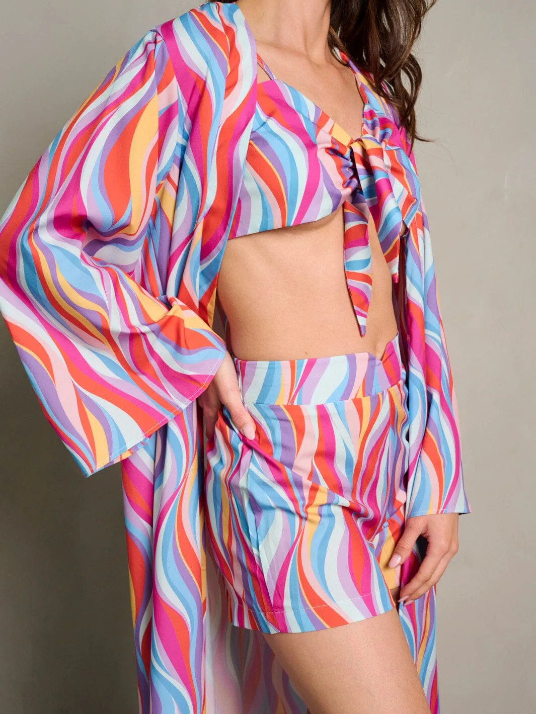 WOMEN'S CROP TOP WITH KIMONO & MINI SHORTS MULTI PRINT 3PC. SET