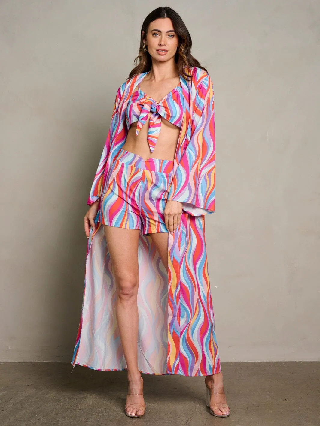 WOMEN'S CROP TOP WITH KIMONO & MINI SHORTS MULTI PRINT 3PC. SET