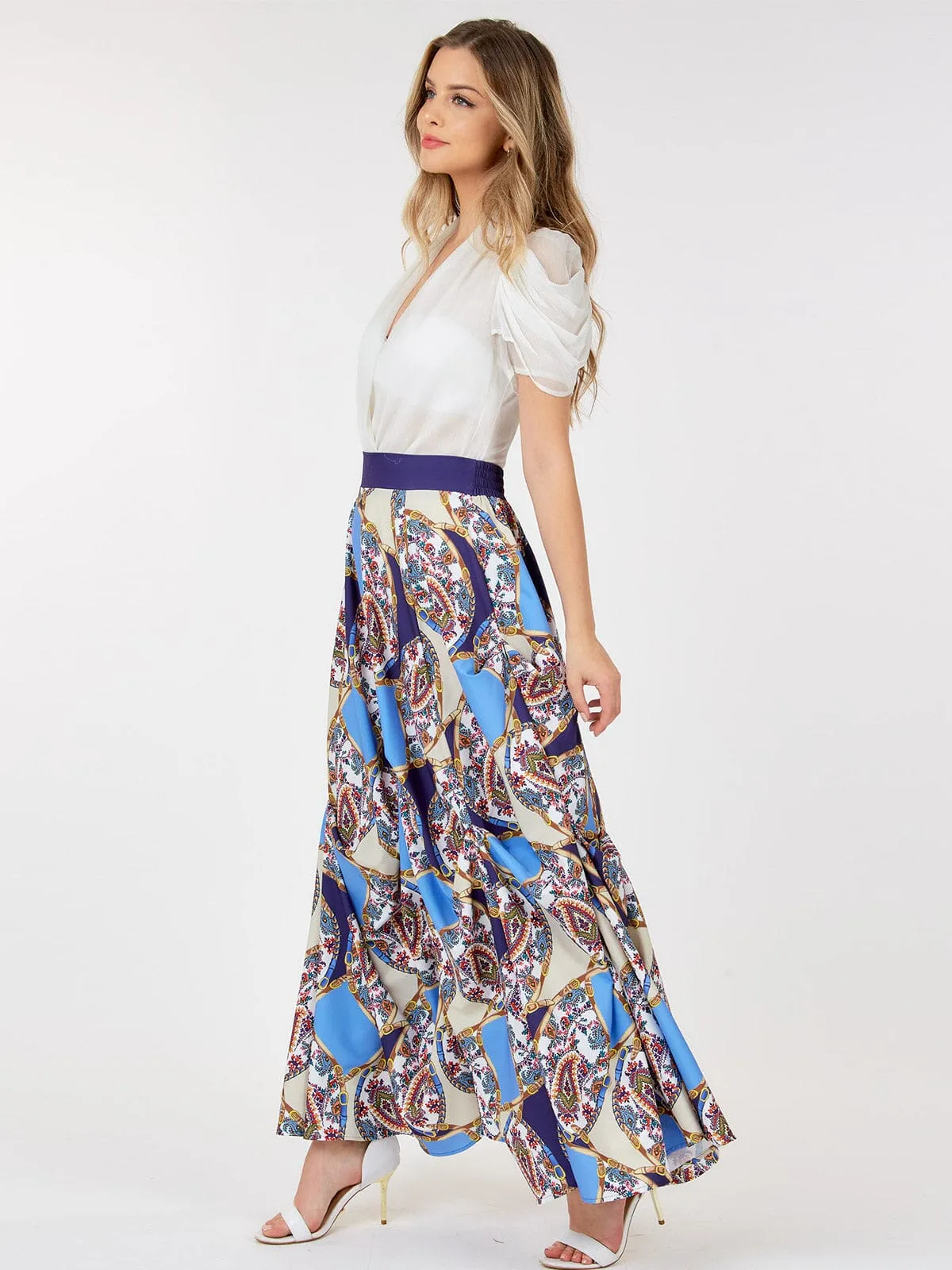 WOMEN'S ELASTIC WAIST MULTI PRINT DETAILED MAXI SKIRT