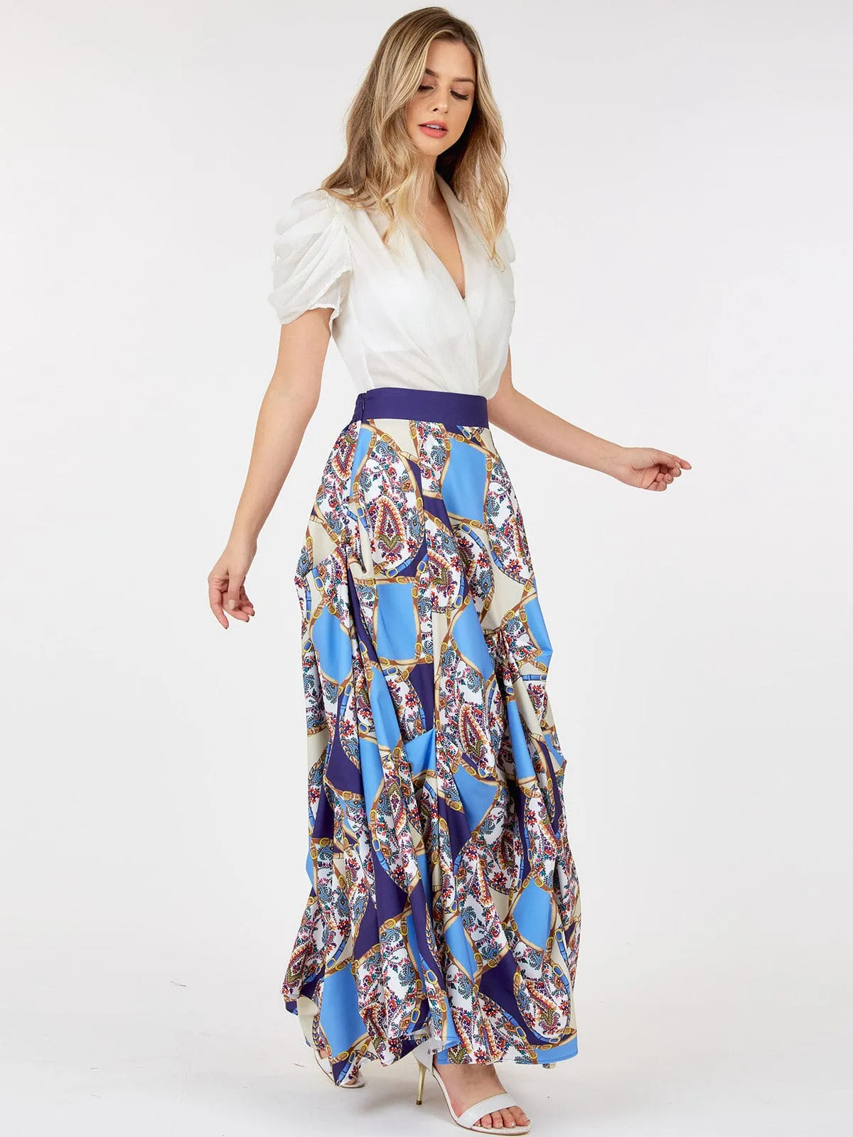 WOMEN'S ELASTIC WAIST MULTI PRINT DETAILED MAXI SKIRT