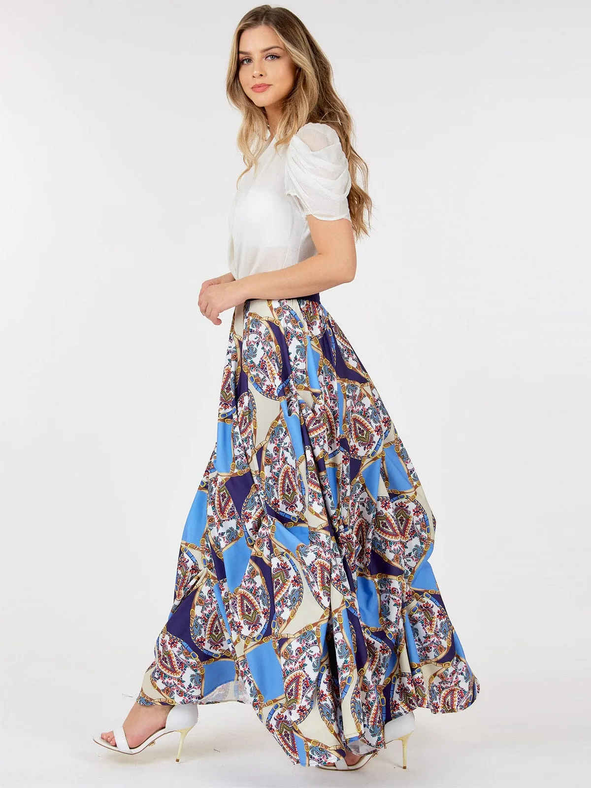 WOMEN'S ELASTIC WAIST MULTI PRINT DETAILED MAXI SKIRT
