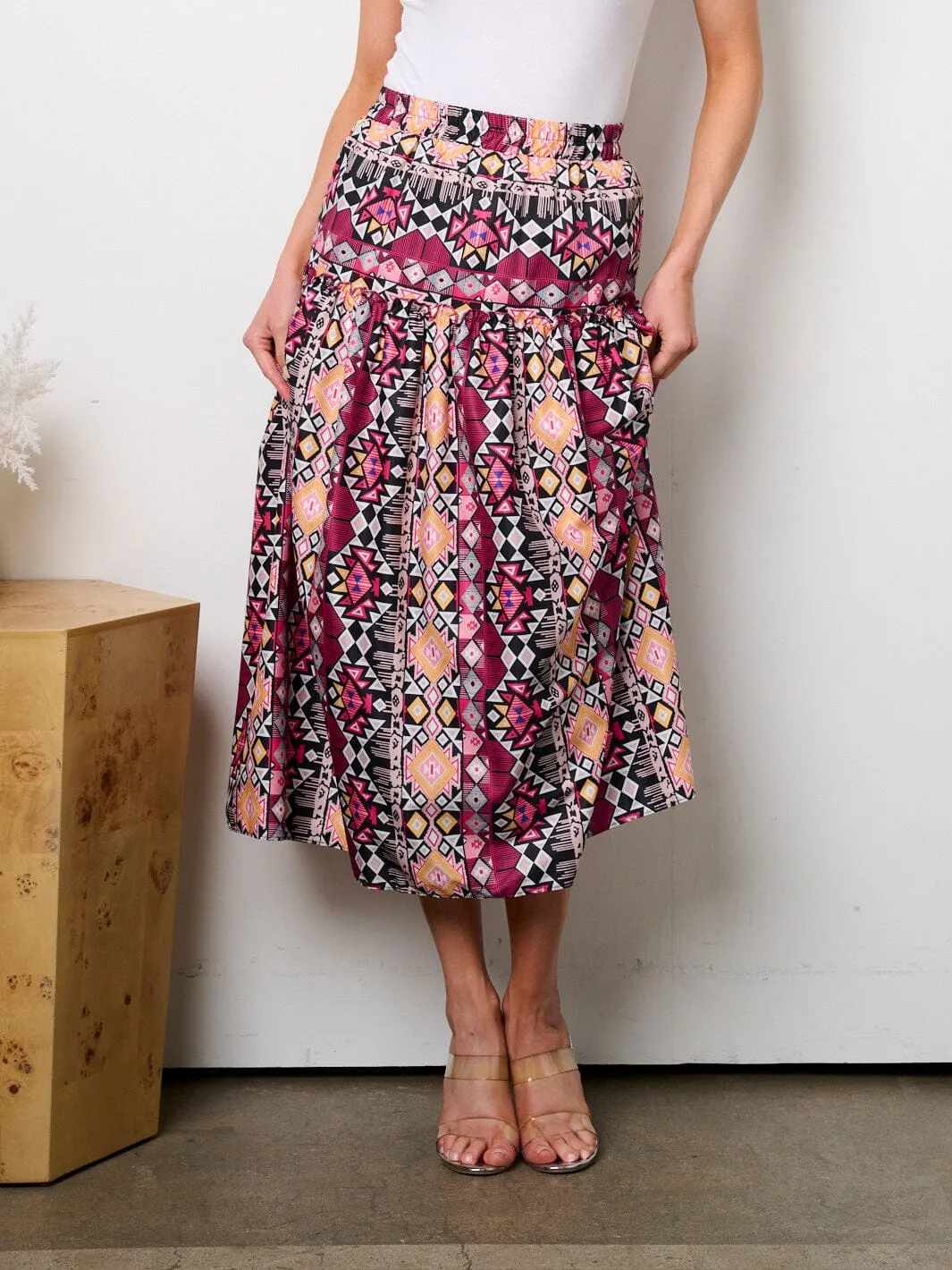 WOMEN'S ELASTIC WAIST MULTI PRINT MIDI SKIRT