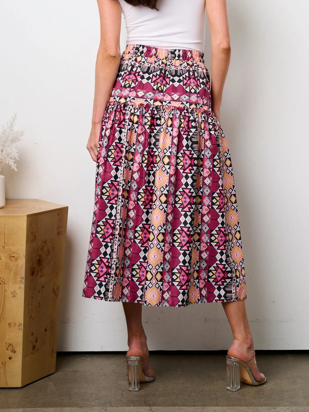 WOMEN'S ELASTIC WAIST MULTI PRINT MIDI SKIRT
