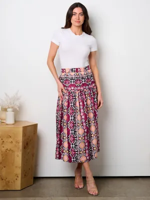 WOMEN'S ELASTIC WAIST MULTI PRINT MIDI SKIRT