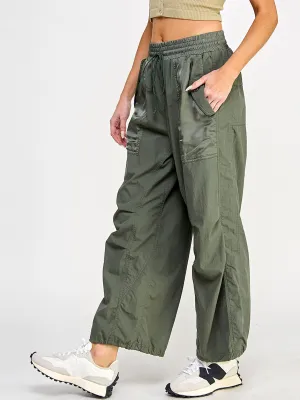 WOMEN'S ELASTIC WAIST POCKETS WIDE LEG PANTS