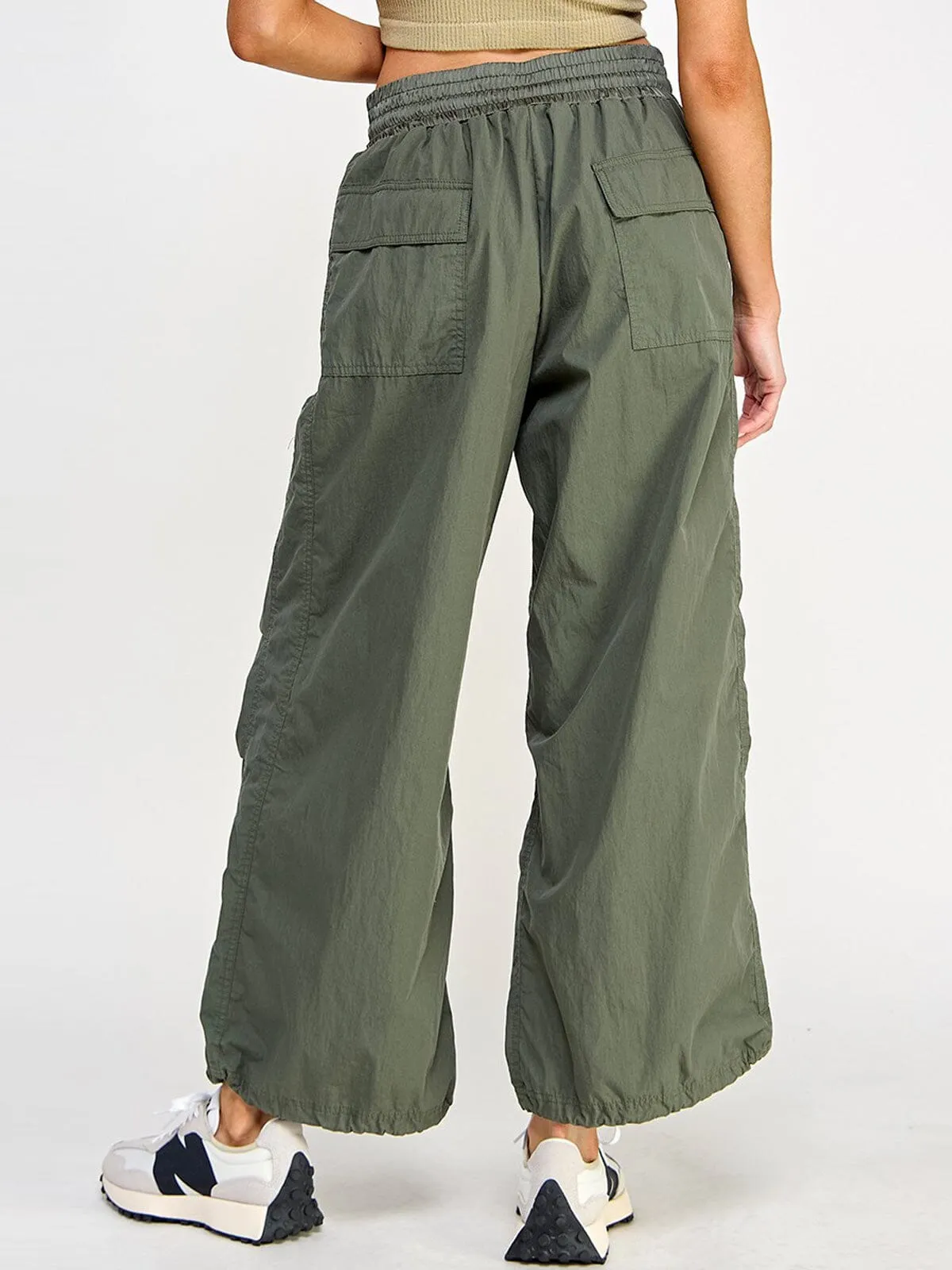 WOMEN'S ELASTIC WAIST POCKETS WIDE LEG PANTS