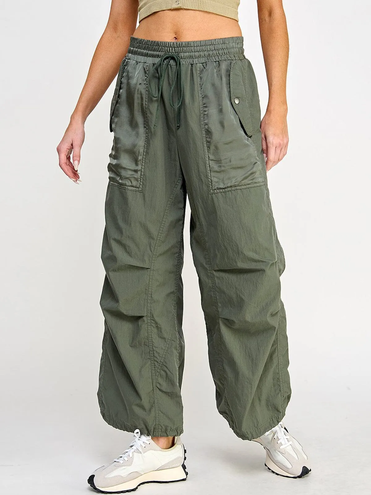 WOMEN'S ELASTIC WAIST POCKETS WIDE LEG PANTS