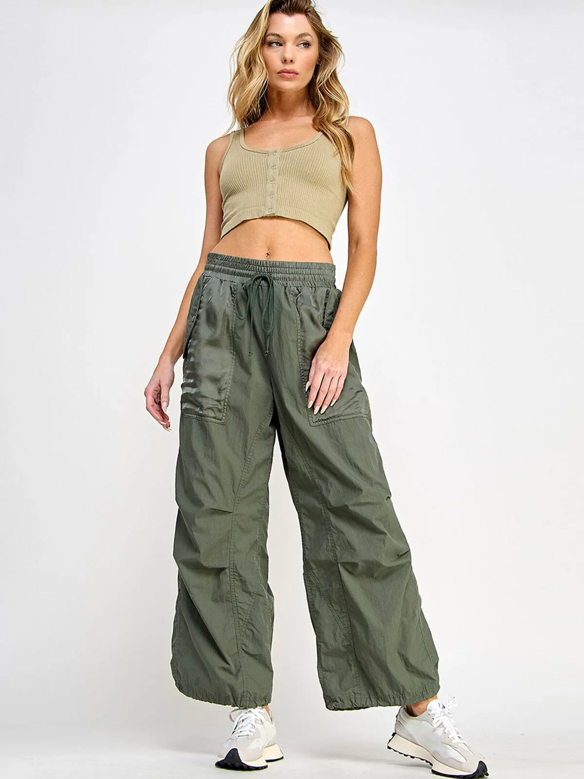 WOMEN'S ELASTIC WAIST POCKETS WIDE LEG PANTS