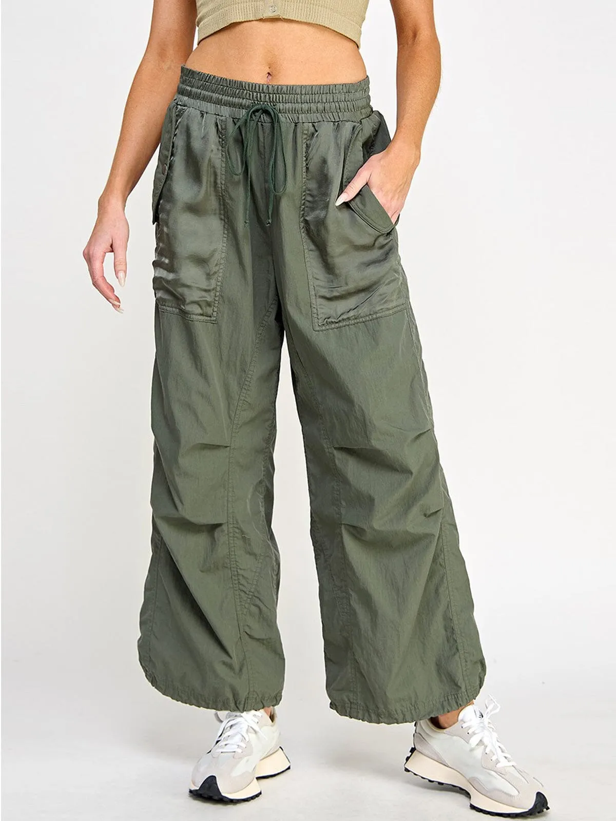 WOMEN'S ELASTIC WAIST POCKETS WIDE LEG PANTS