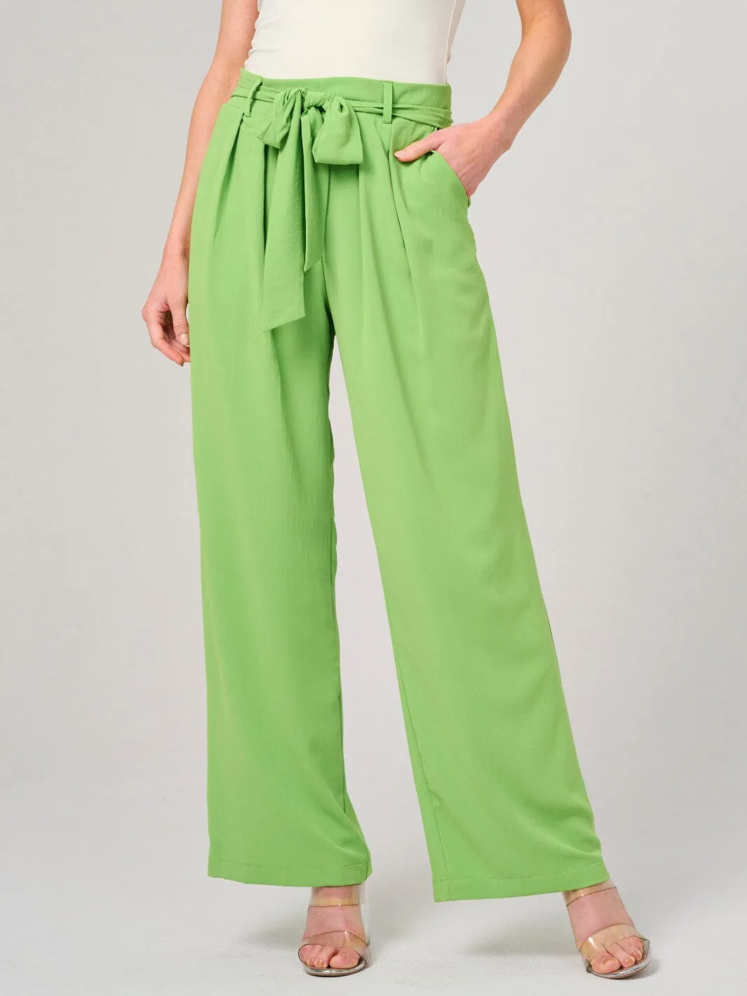WOMEN'S ELASTIC WAIST SELF TIE FRONT POCKETS WIDE LEG PANTS