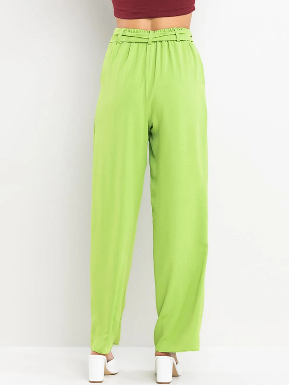WOMEN'S ELASTIC WAIST SELF TIE FRONT POCKETS WIDE LEG PANTS