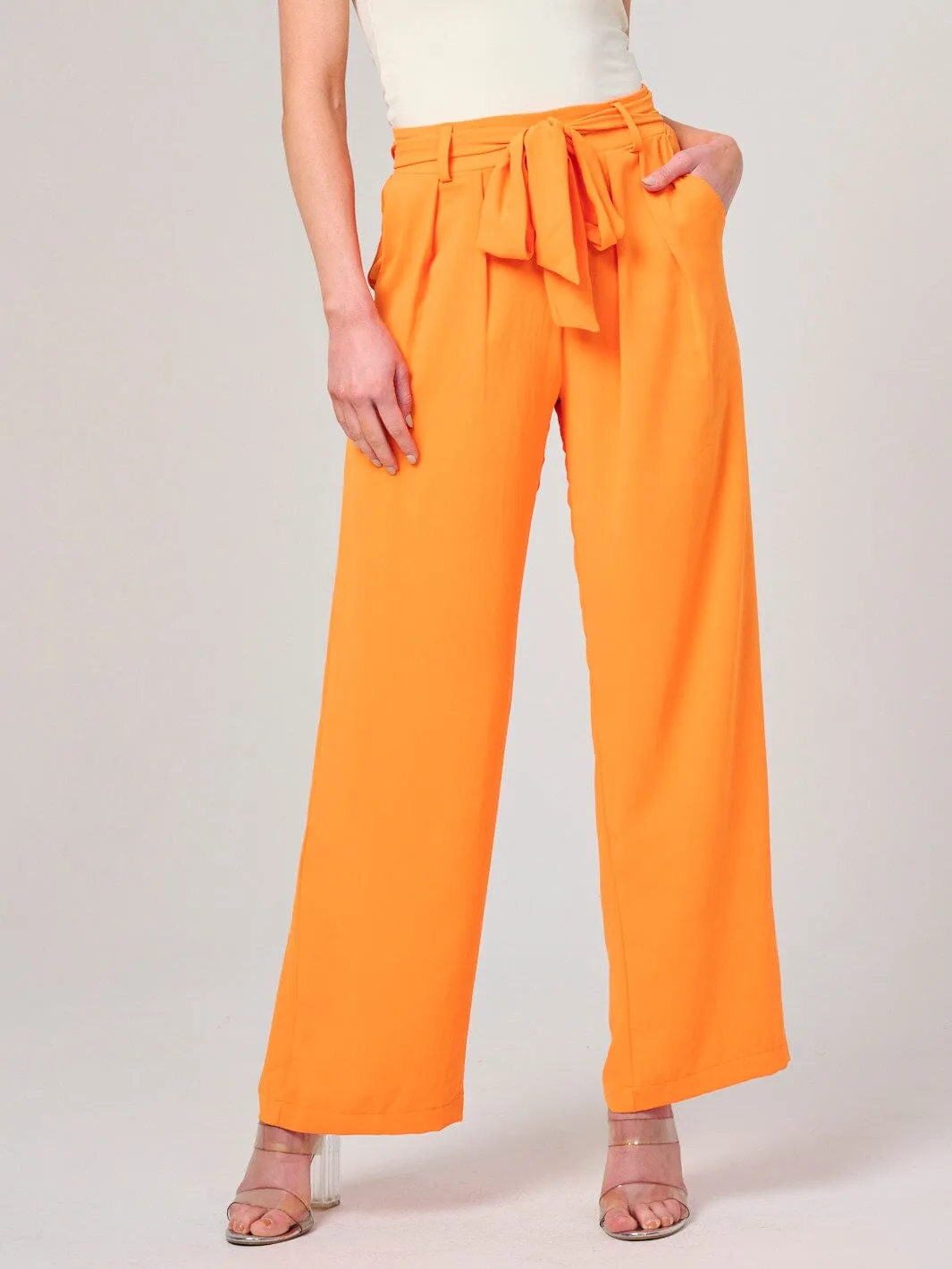 WOMEN'S ELASTIC WAIST SELF TIE FRONT POCKETS WIDE LEG PANTS