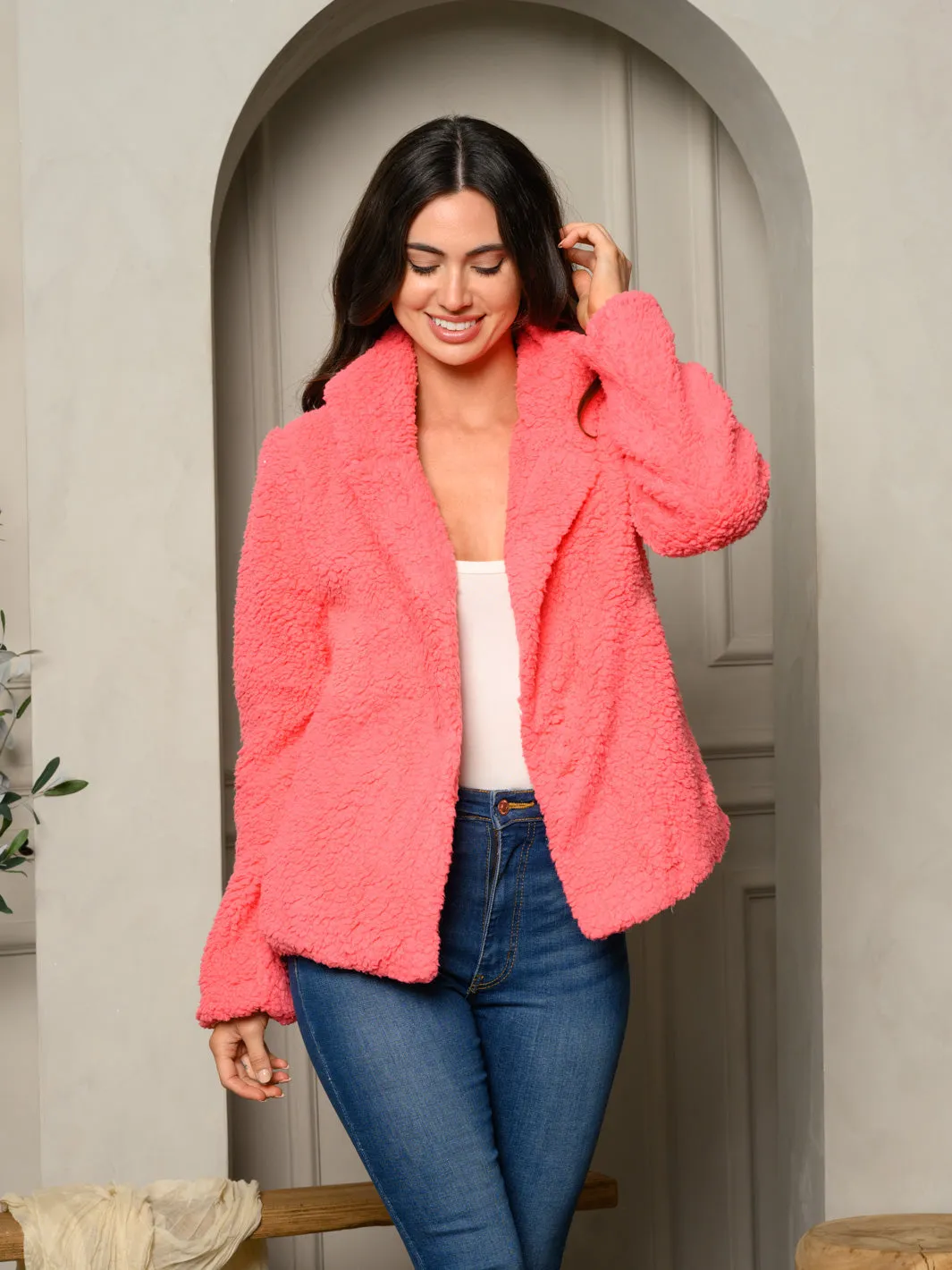 WOMEN'S FUZZY HOODED BOMBER JACKET