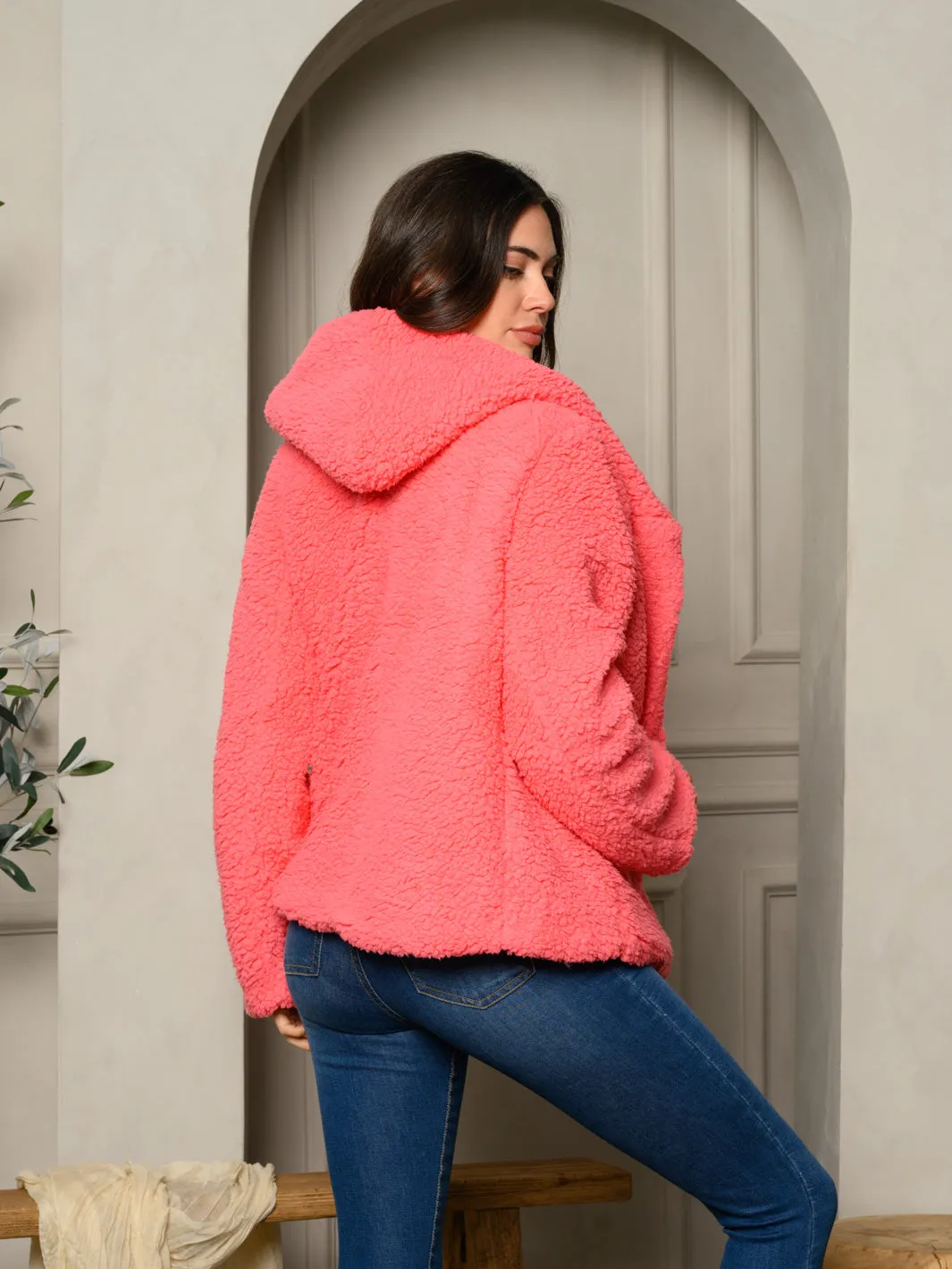 WOMEN'S FUZZY HOODED BOMBER JACKET