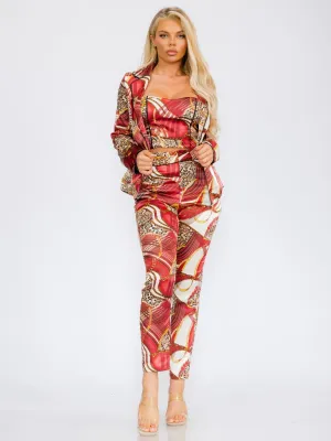 WOMEN'S LONG SLEEVE BLAZER WITH CROP TOP & BUTTON CLOSURE PANTS MULTI PRINT 3PC SET