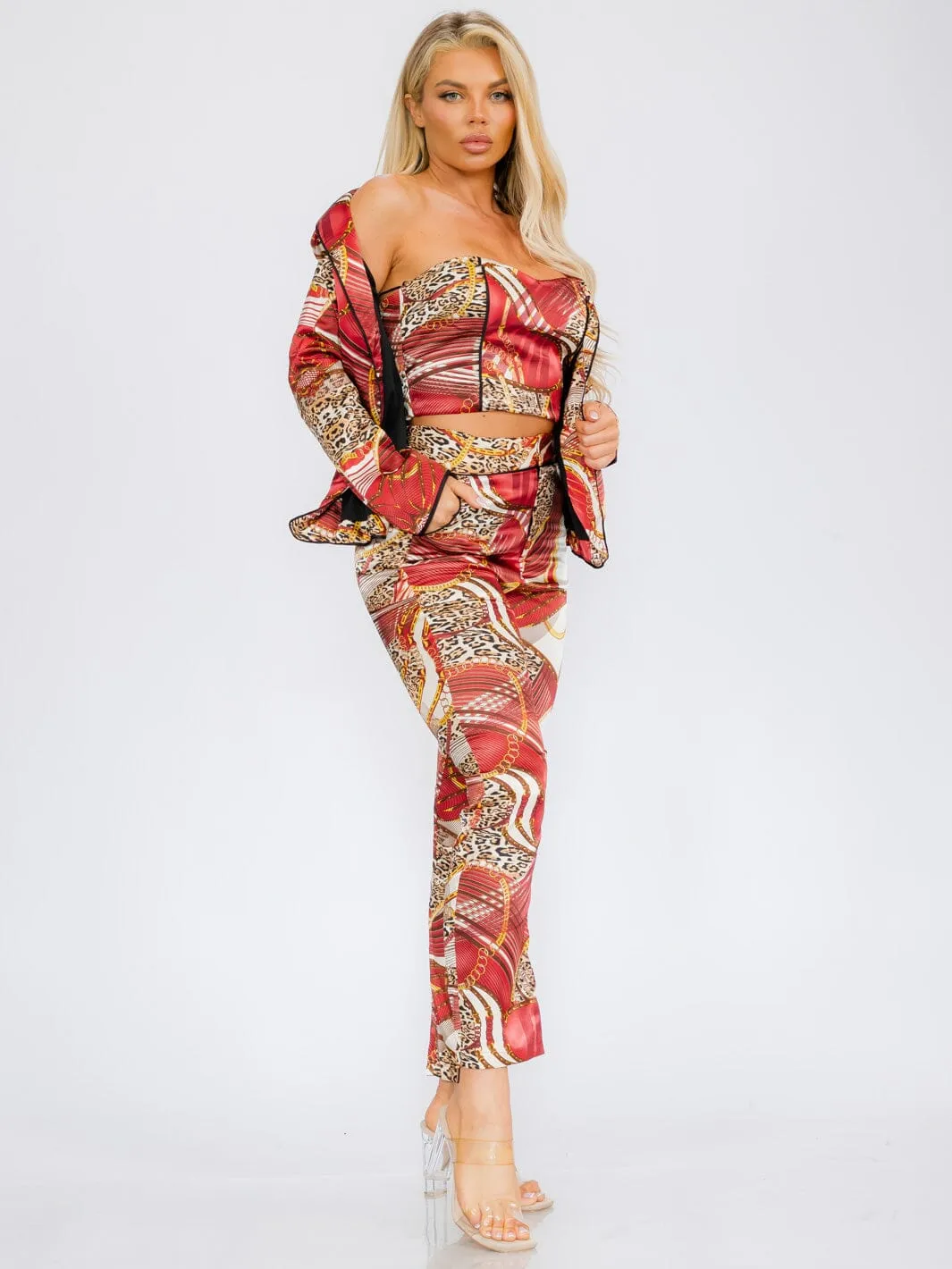 WOMEN'S LONG SLEEVE BLAZER WITH CROP TOP & BUTTON CLOSURE PANTS MULTI PRINT 3PC SET